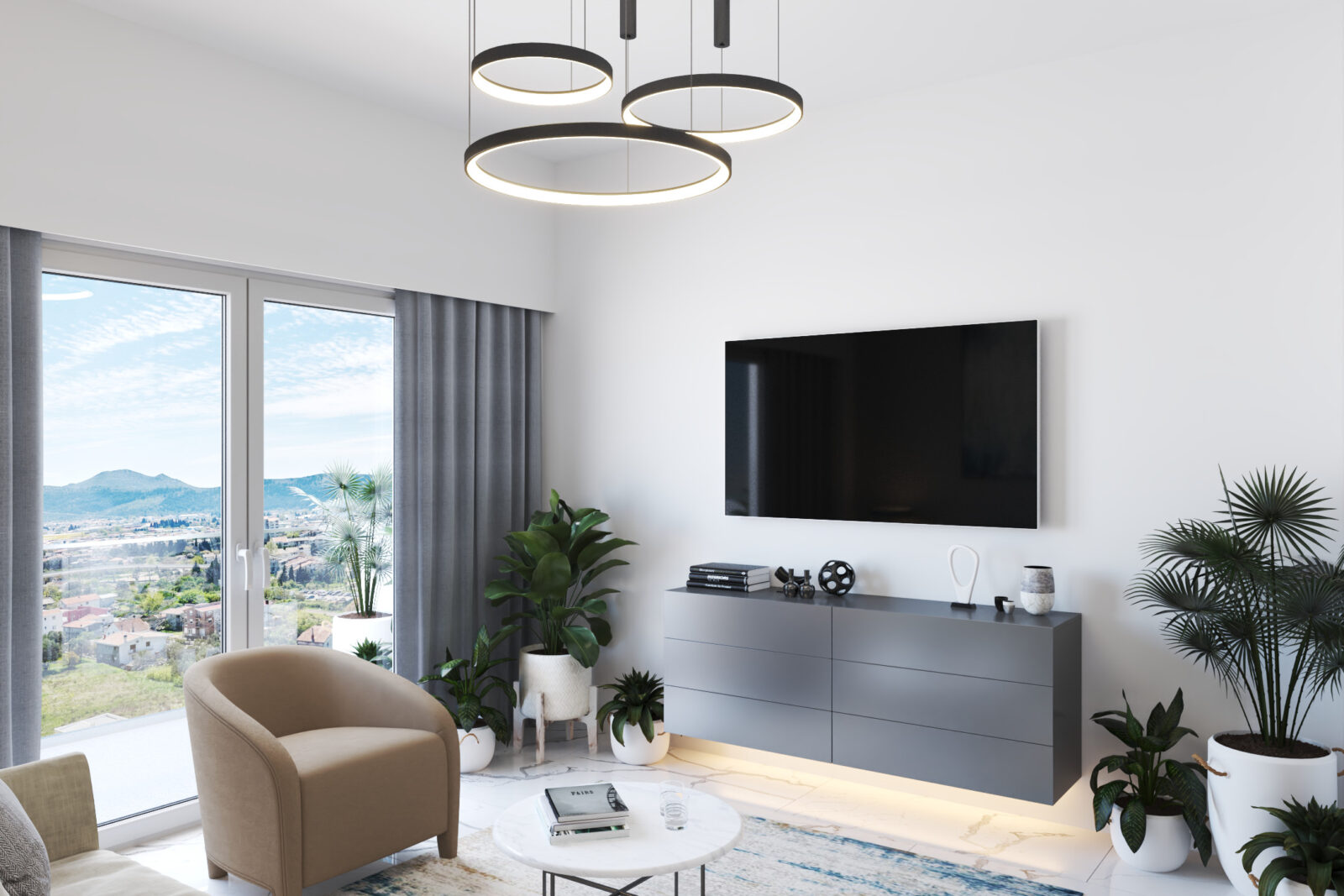 Fotelja i TV, pogled na grad - garsonjera br. 34 u Emerald Residence, Bar