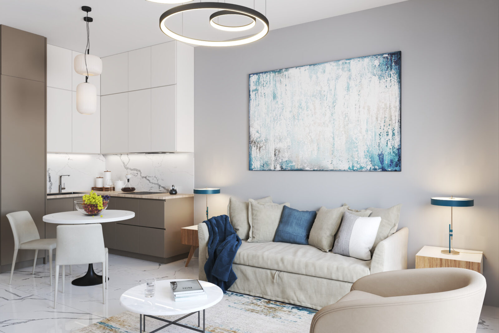 Kuhinja i sofa - garsonjera br. 34 u Emerald Residence, Bar