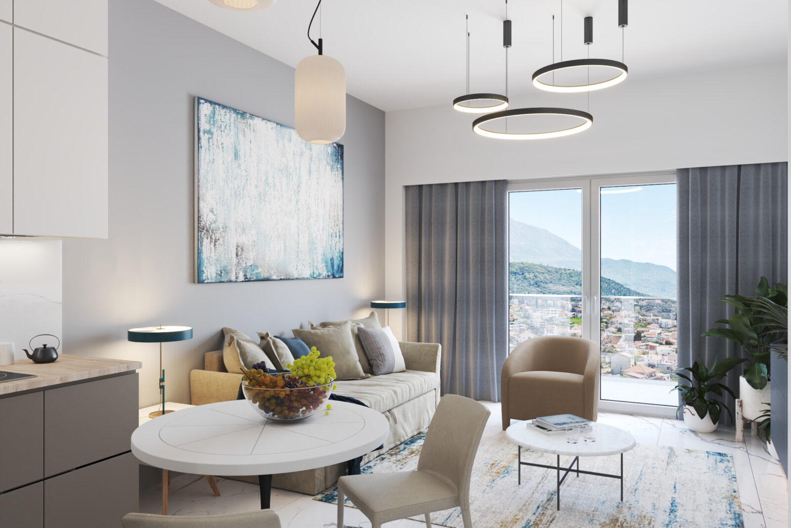 Trpezarijski sto i pogled na planine - garsonjera br. 34 u Emerald Residence, Bar