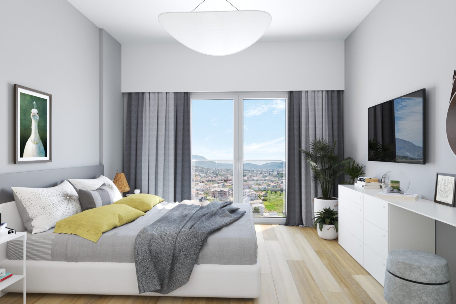 Spavaća soba: krevet i pogled kroz prozor - apartman br. 57 u Emerald Residence, Bar