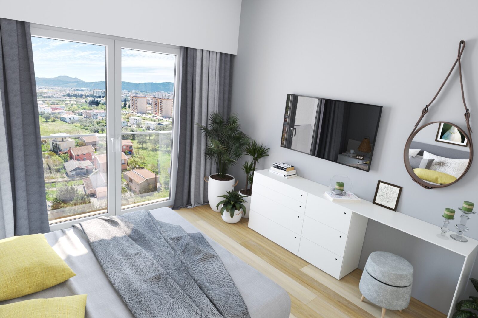 Spavaća soba: pogled kroz prozor - apartman br. 57 u Emerald Residence, Bar