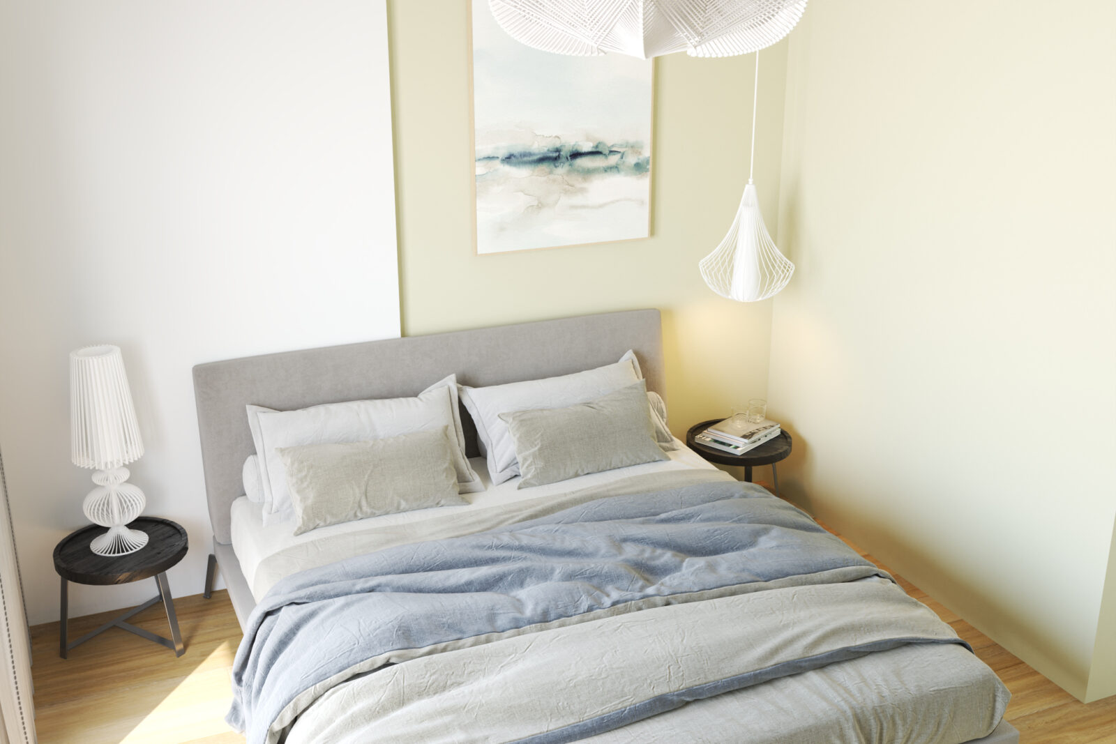 Spavaća soba: uzglavlje i slika - apartman br. 59 u Emerald Residence, Bar