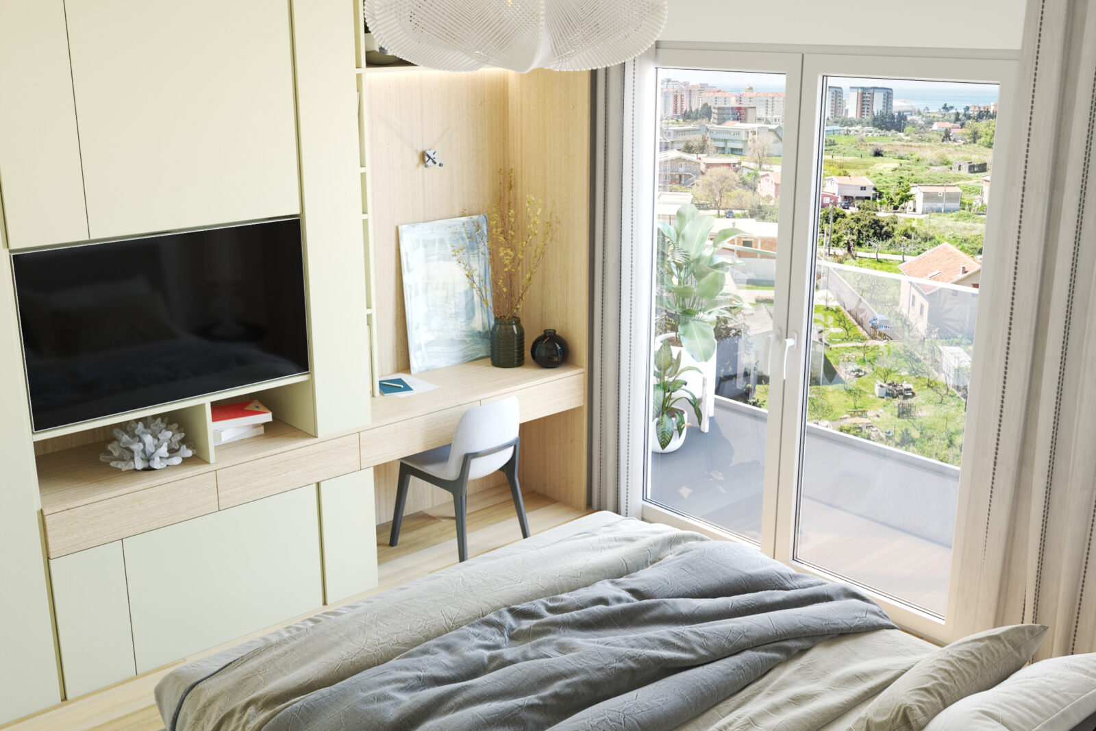 Spavaća soba: radno mjesto i izlaz na balkon - apartman br. 59 u Emerald Residence, Bar