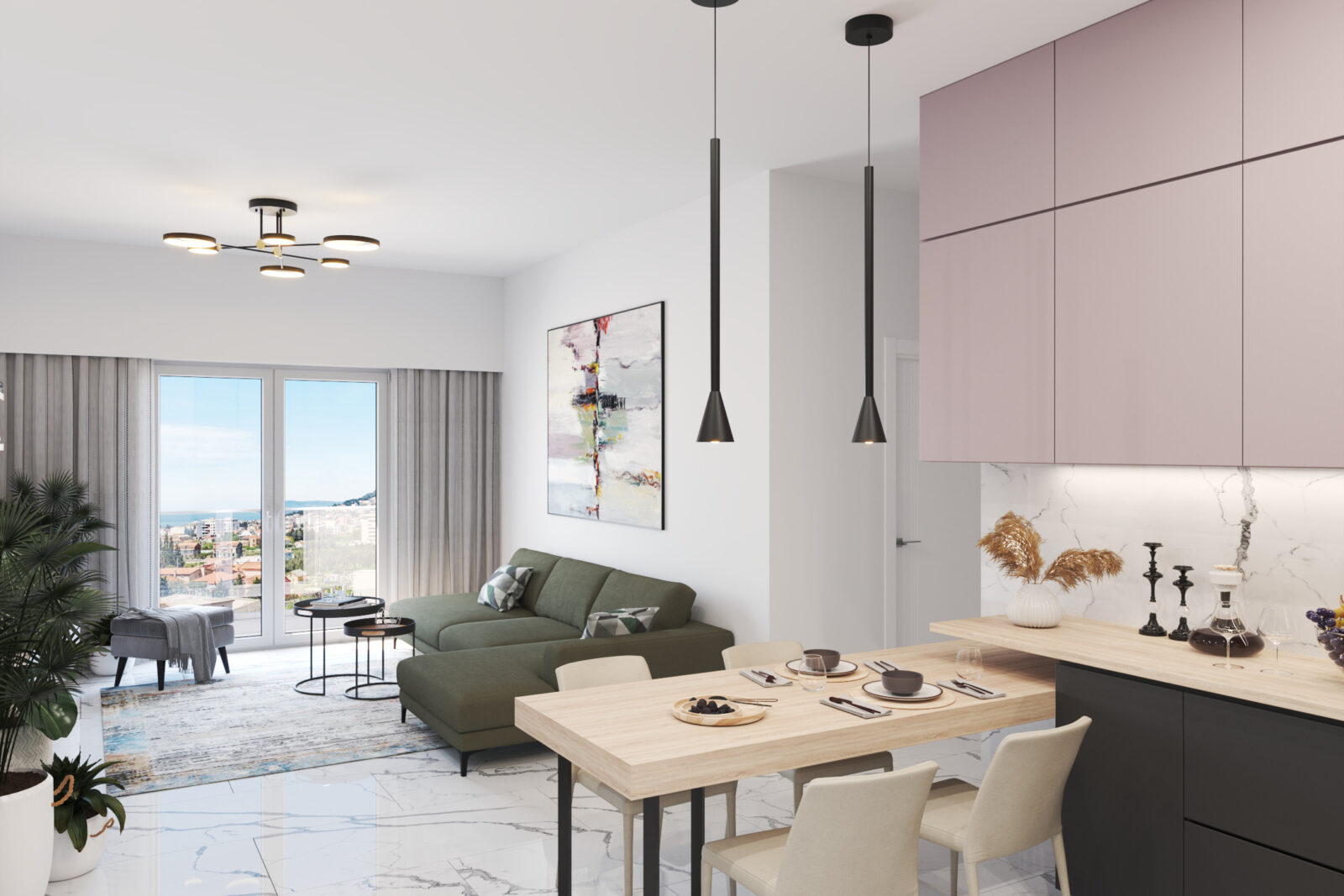 Kuhinja, trpezarijski sto i dnevna soba - apartman br. 59 u Emerald Residence, Bar