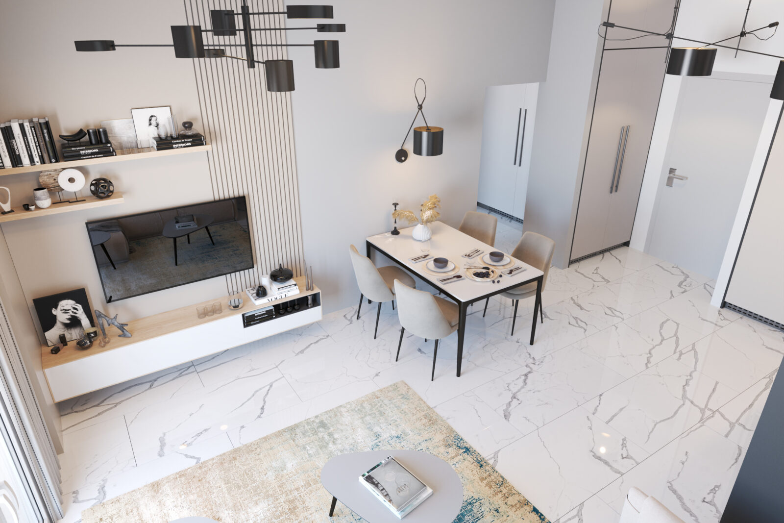 TV zona i trpezarijski sto, pogled odozgo - apartman br. 60 u Emerald Residence, Bar