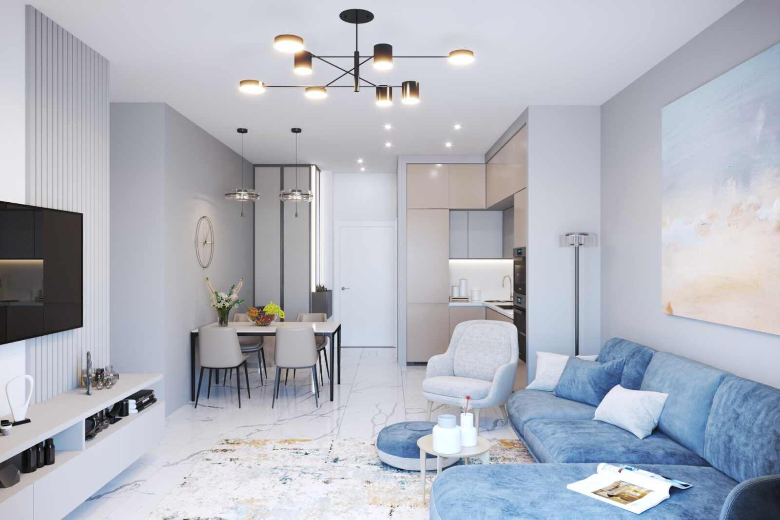 Dnevna soba, trpezarija i kuhinja - apartman br. 61 u Emerald Residence, Bar