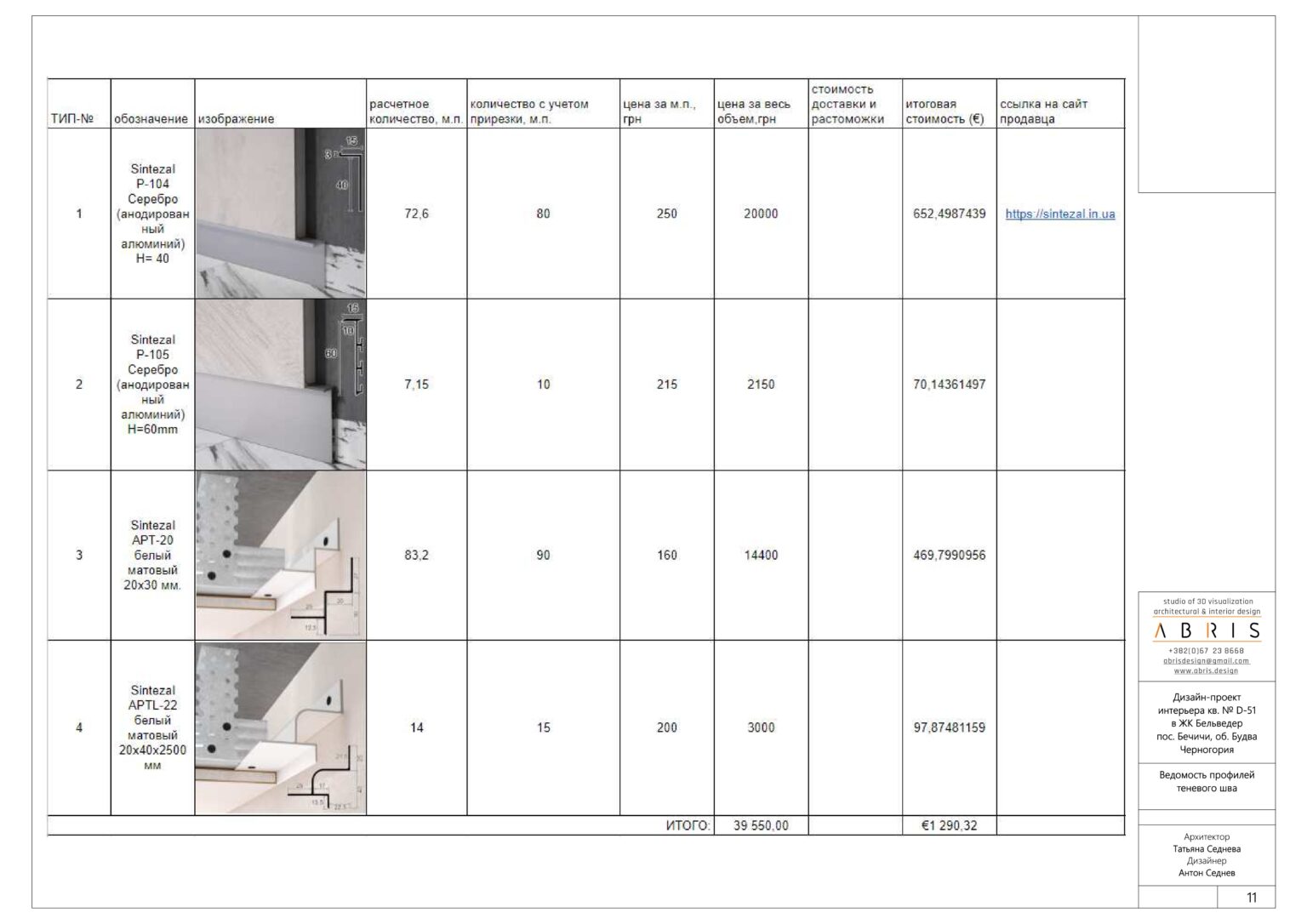 Shadow-gap profile schedule - ADRIA apartment in RC Belvedere, Bečići
