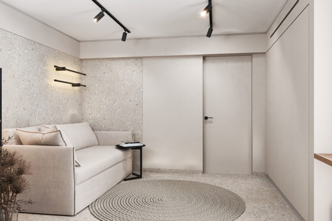 Radna soba i soba za goste: sofa i okrugli pleteni tepih - apartman AURA u Zupcima, Bar