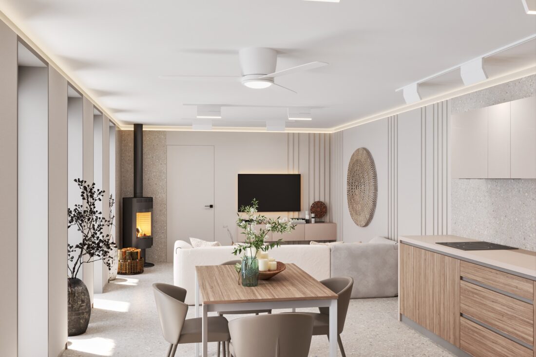 Dnevna soba sa kuhinjom: trpezarija, kuhinja i kamin - apartman AURA u Zupcima, Bar
