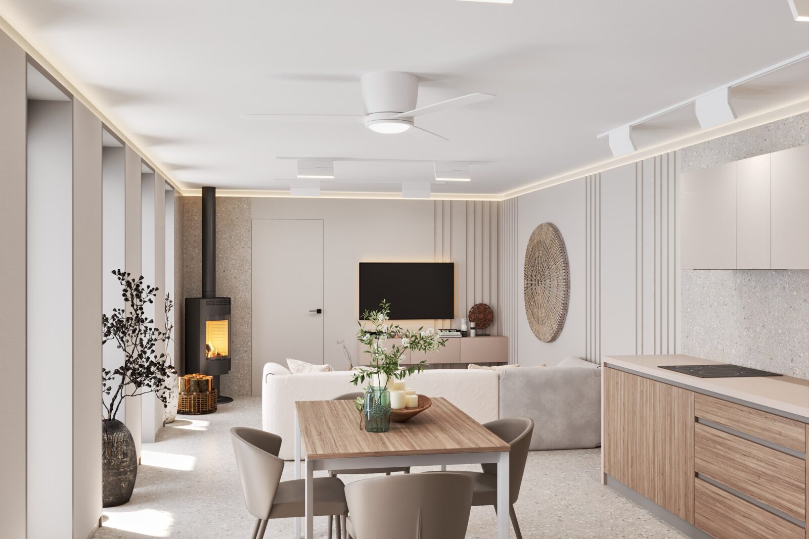 Dnevna soba sa kuhinjom: trpezarija, kuhinja i kamin - apartman AURA u Zupcima, Bar