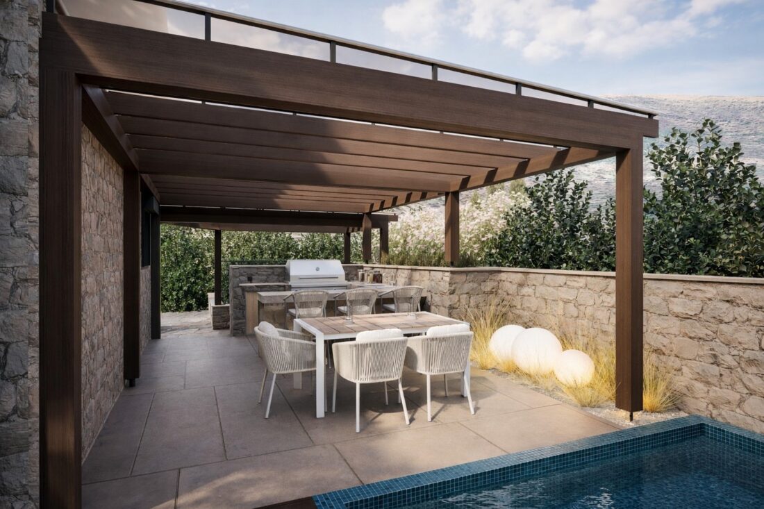 The barbecue and the dining table by the pool