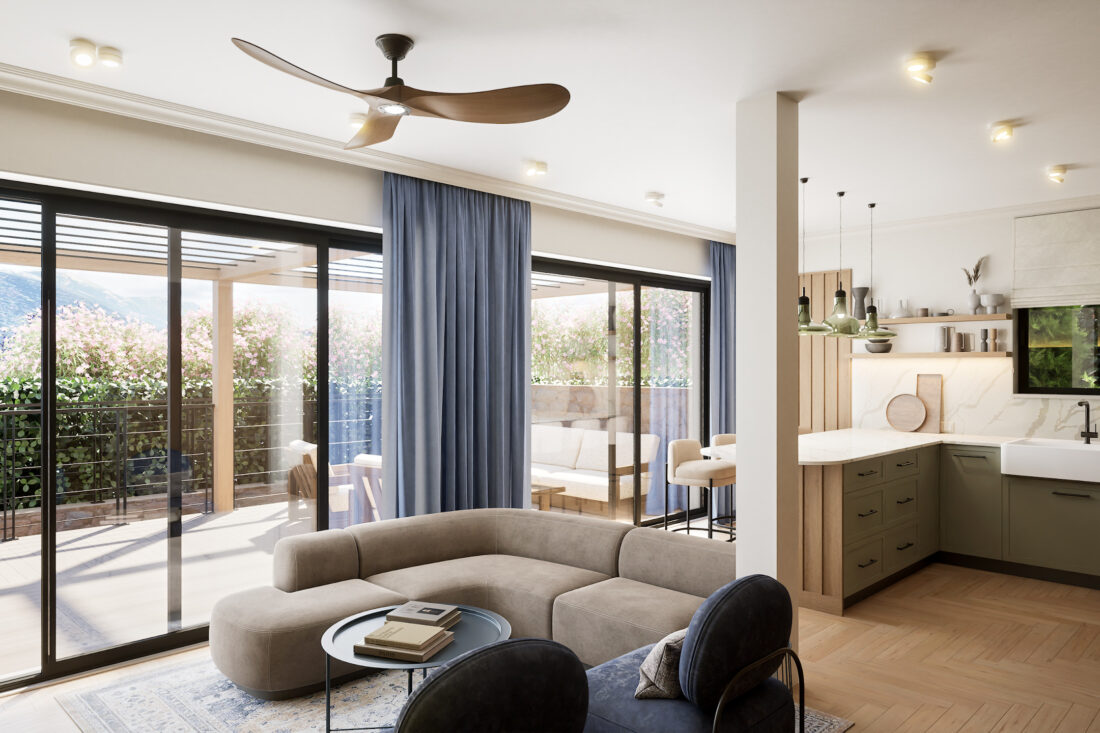 Living room and kitchen - one space opening onto the terrace