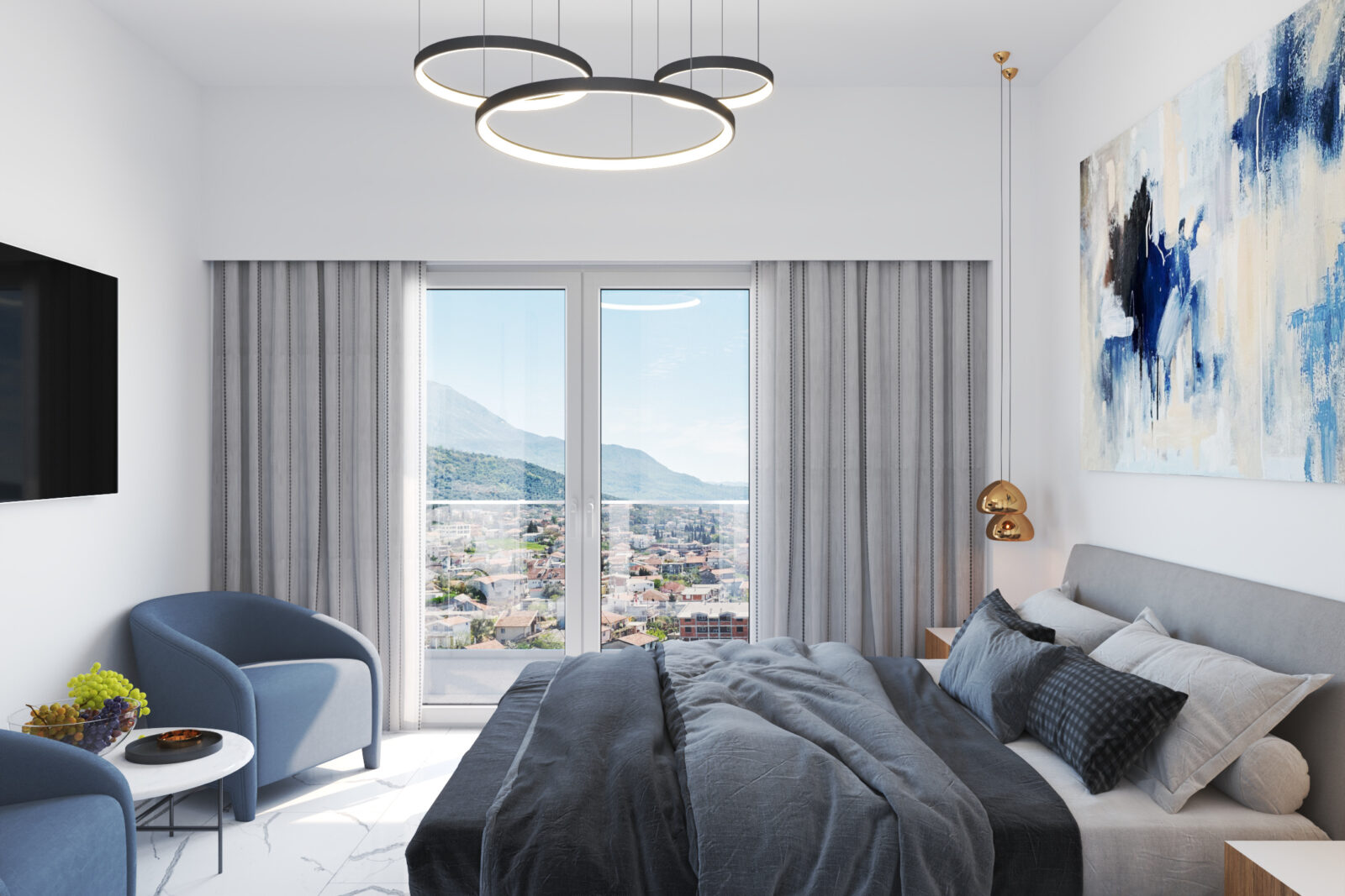 Krevet, fotelje i pogled kroz prozor - apartman br. 25 u Emerald Residence, Bar