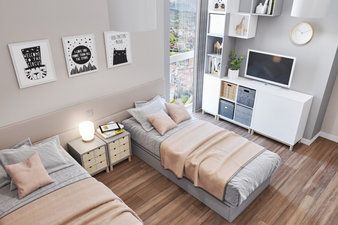 Dječja soba: dva kreveta pored prozora - apartman sa dvije spavaće sobe u Emerald Residence, Bar
