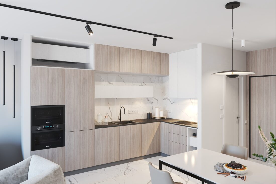 Kuhinja sa frontovima u dekoru drveta i kolonom ugradnih aparata - apartman sa dvije spavaće sobe u Emerald Residence, Bar