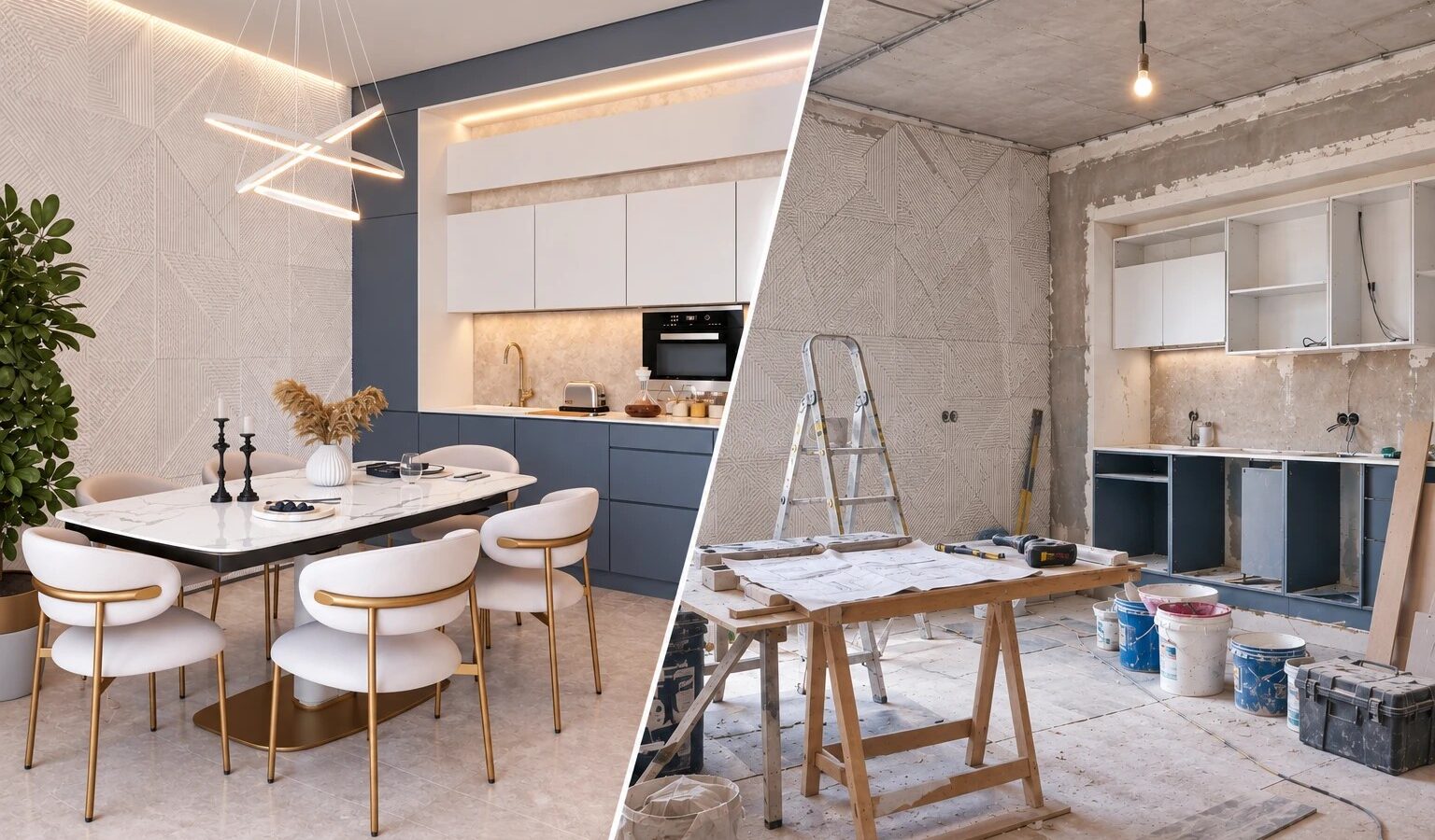 Kitchen and dining room: the finished interior on the left, the same room mid-renovation on the right, drawings on a trestle table