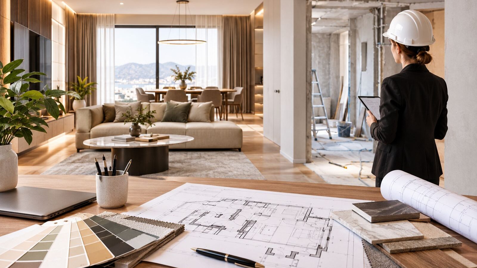 An architect's desk with a floor plan, a colour fan and stone and wood samples; behind it a finished living room and a room under renovation, where an architect in a hard hat checks the drawings